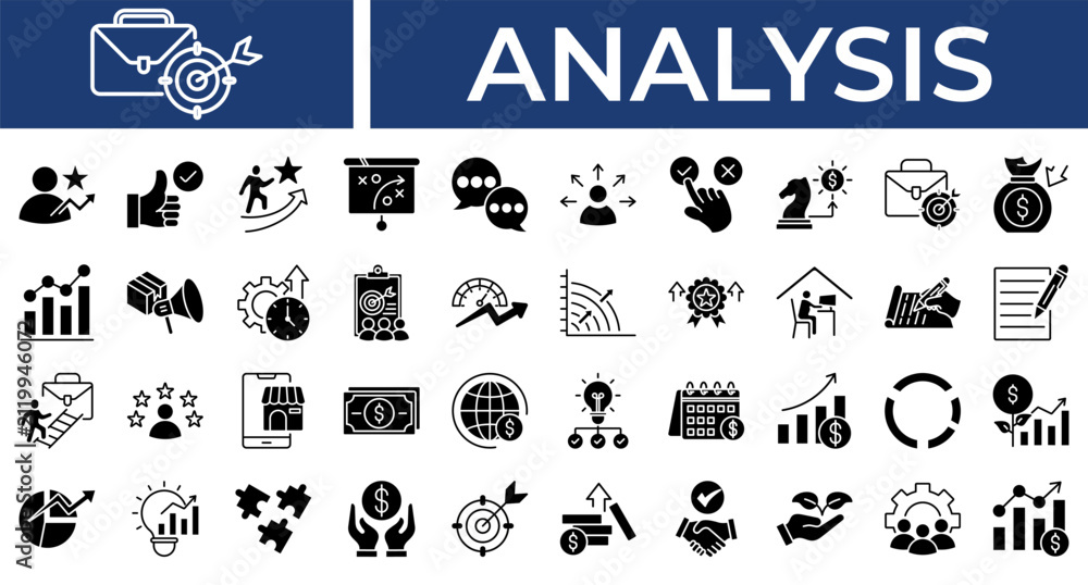 Fototapeta premium Analysis icon set collection. Containing operation, transfer, networking, write, performance, planning, survey .Solid vector icons collection