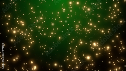 Fotografie 深緑に金の粒子が舞う上品なキラキラグラフィック背景素材 / Glowing green and gold light particles with sparkl