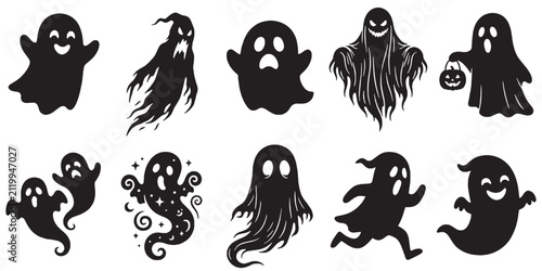 Halloween ghost silhouette collection featuring varied spooky and cute designs, perfect for vector illustrations