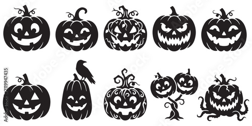 Halloween pumpkin jack-o-lantern faces vector silhouette set, spooky and funny carved pumpkins collection, autumn holiday decoration icons, isolated on white background