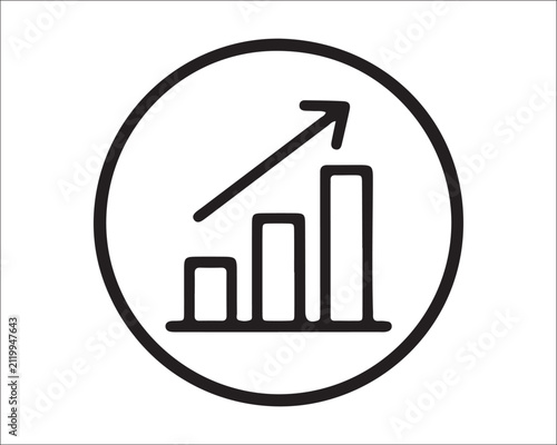 Bar chart icon inside a black circular frame depicts an ascending trend indicating financial growth and market performance for business presentations.