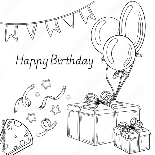 Hand drawn minimalist birthday party icon set, cake present and balloon in ink doodle sketch style, isolated on white background. Engraving illustration invitations, menus, package and parties.