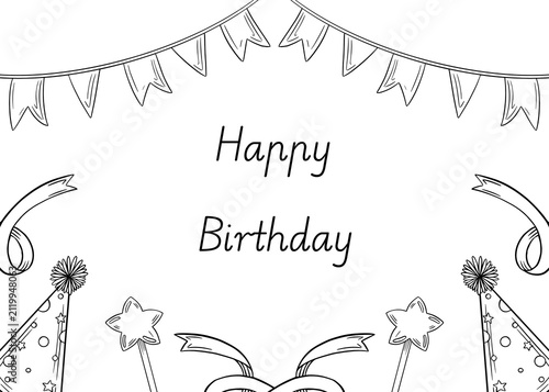 Hand drawn minimalist birthday party icon set, cake present and balloon in ink doodle sketch style, isolated on white background. Engraving illustration invitations, menus, package and parties.