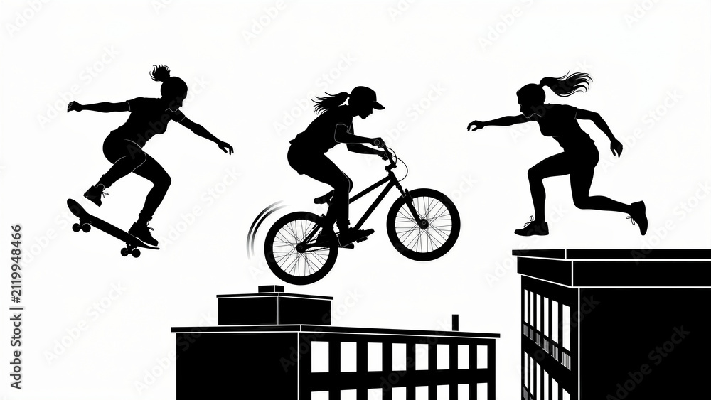 Fototapeta premium Silhouettes of women performing skateboarding, BMX, and parkour on rooftops. Minimalist vector of female athletes in motion. Urban sports concept for youth culture and marketing campaigns.