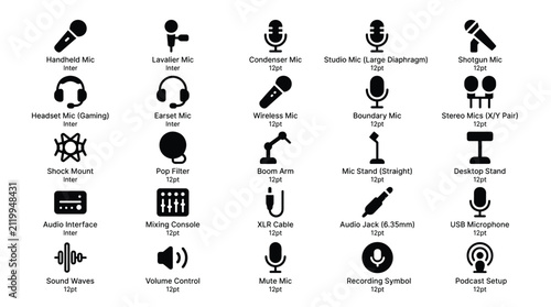 Audio and microphone equipment icons set for podcast studio recording broadcasting sound engineering media production radio equipment and musical hardware components.