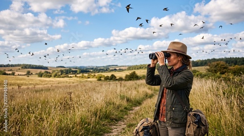 Woman birdwatcher using binoculars to observe swallows flying over golden meadow during sunset hour.