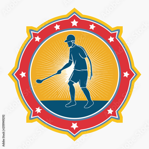 Quadro su tela Vintage hurling athlete silhouette logo with sunburst rays and stars in a circular crest