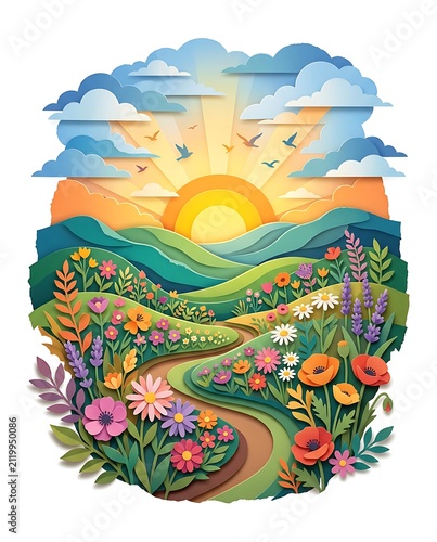 World Suicide Prevention Day concept design with blooming meadow landscape and sunrise