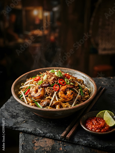 Sizzling char kuey teow noodles cooked in a hot wok