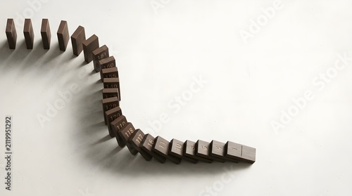 High angle view of dark wooden dominoes with engraved numbers arranged in an S-curve falling in sequence on a white surface, depicting causality, momentum, and chronological chain reactions.