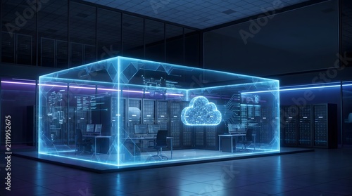 Glass cube displays a glowing cloud icon in a modern server facility room.