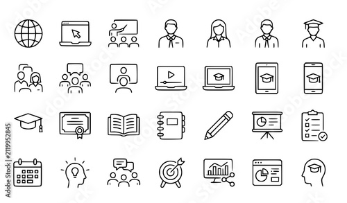 Cuadro en lienzo Elearning and distance education line icons set including teacher laptop graduat