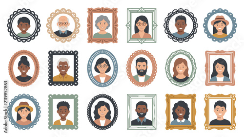 Portraits of diverse people in decorative frames flat vector set.