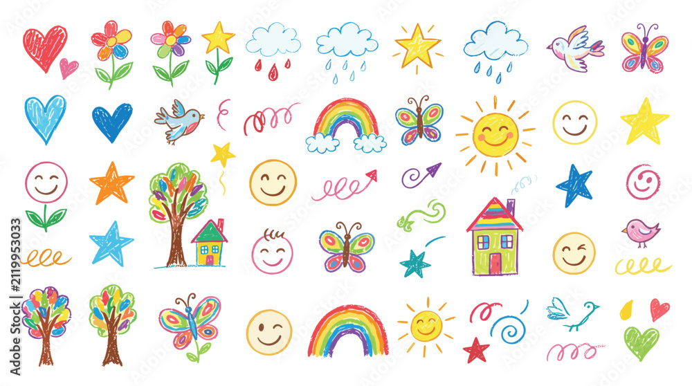 Fototapeta premium Cute hand drawn doodle set of colorful children's drawings, including hearts