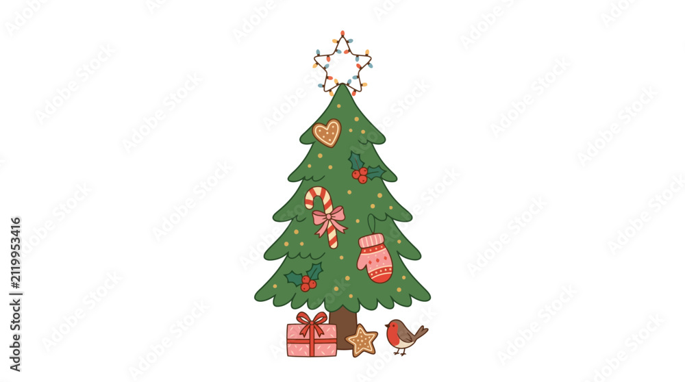 Obraz premium Charming Vector Illustration of a Decorated Christmas Tree with Gift Box, Festive Holiday Design Element