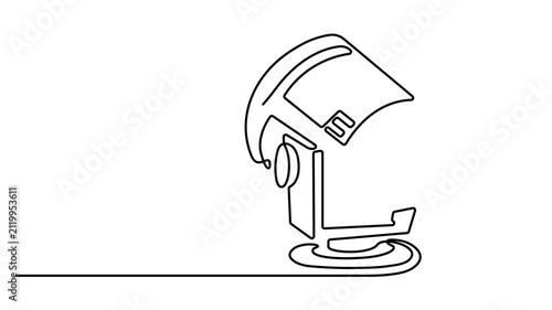 Animated self drawing of Continuous single line drawing of a studio spotlight or stage light equipment isolated on a white background. Full length one line animation. 4K video