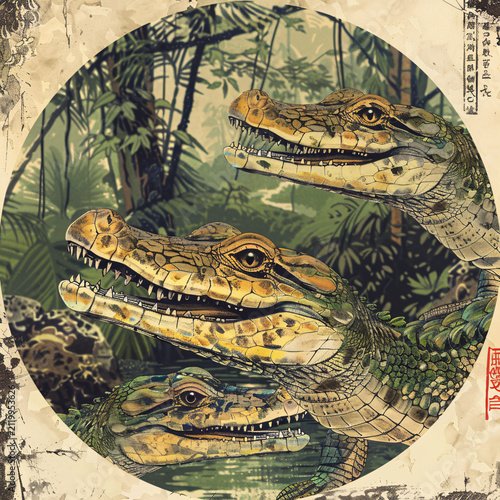 Vivid Alligators in a Jungle Setting
