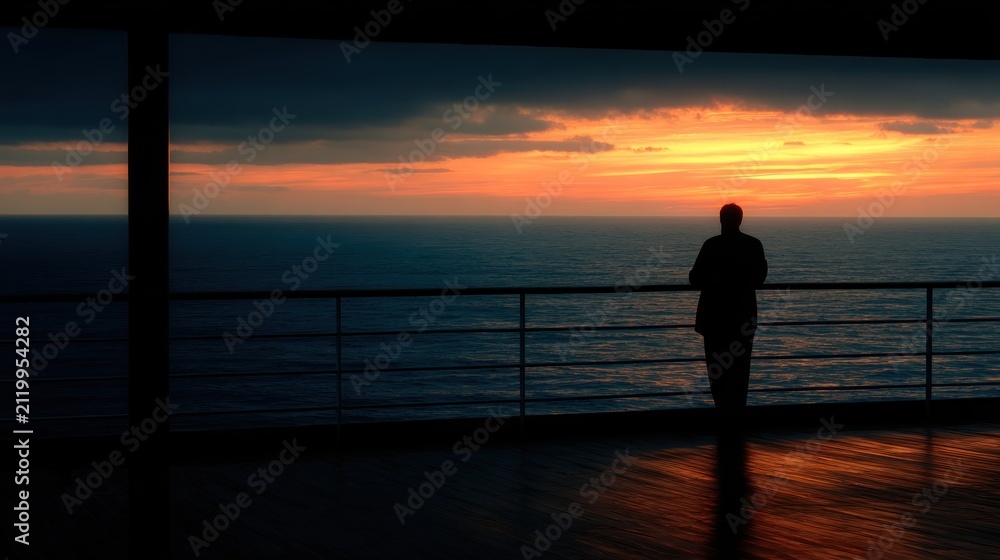 Fototapeta premium Man Gazing Ocean Sunset Silhouette