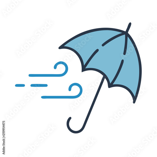 Wind-blown umbrella icon in blue and black design