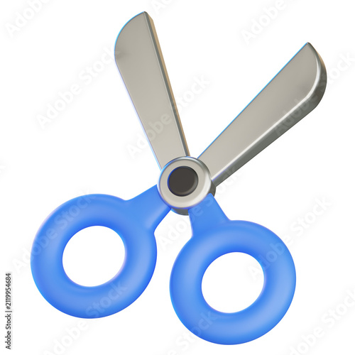3D rendering open blue scissors icon for stationery craft and cutting concept