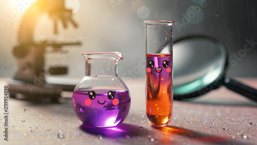 Cute laboratory glassware with cartoon faces on a lab table. Round flask and test tube with sparkling liquid near a microscope. Fun science education concept for kids and playful STEM marketing.