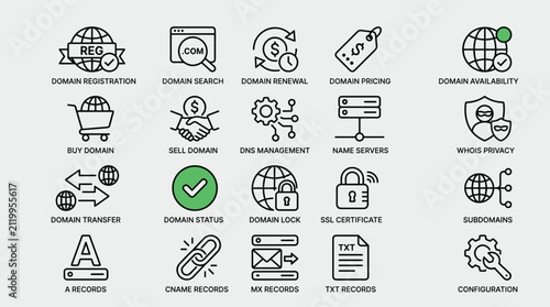 Bild auf Leinwand Domain name registration and web hosting services icon set featuring network management security and server configuration symbols for internet technology company
