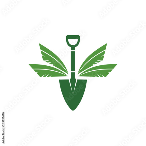 Shovel head icon with green leaf wing design.