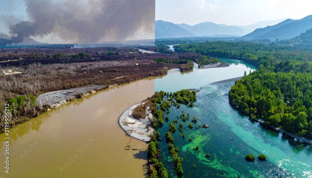Obraz premium River pollution contrast landscape aerial view.