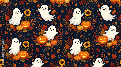 Seamless pattern with cute ghosts and halloween pumpkins