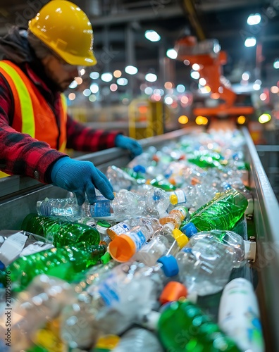 Worker Sorting Plastic Bottles on Recycling Conveyor Belt in Industrial Facility With Bokeh Lighting