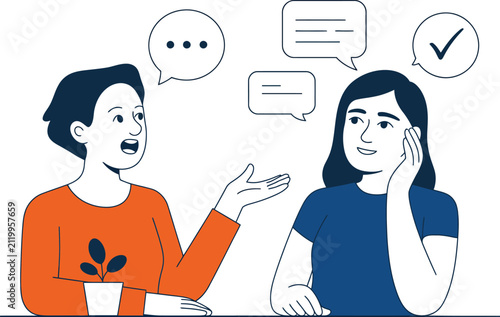 Active listening illustration, featuring an empathetic woman attentively listening to a speaking man, representing supportive dialogue, emotional intelligence, coaching, psychological understanding, 