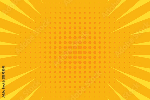 Heroic comic burst with radial rays and halftone dots