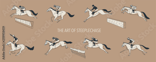 фотографія Steeplechase illustration featuring jockeys riding racehorses and jumping fences