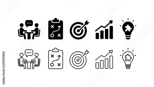 Business Strategy and Planning Icon Set in Silhouette and Outline Styles