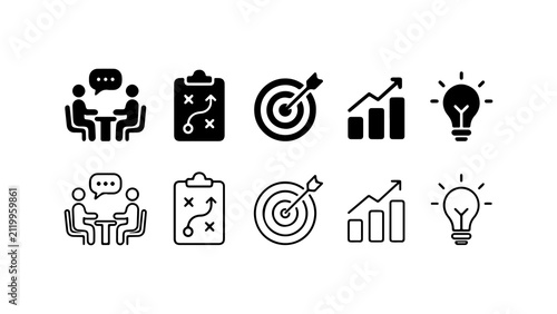 Business Development Icon Set in Solid Silhouette and Linear Outline Style