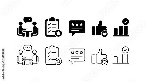 Business Performance and Feedback Icon Set in Silhouette and Outline Styles