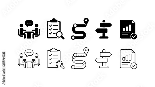 Business Planning and Strategy Management Icon Set in Silhouette and Outline Style Vector