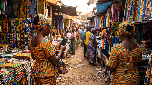 Fintech emerging market asset, mobile payment exchange in colorful African market setting, three-quarter distance, commercial 16:9 format