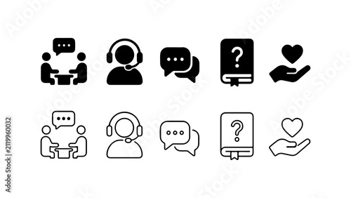 Customer Service and Support Icon Set in Silhouette and Outline Style