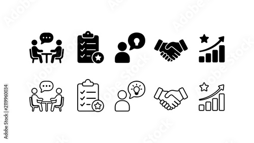 Business Interaction and Growth Icon Set in Silhouette and Outline Styles