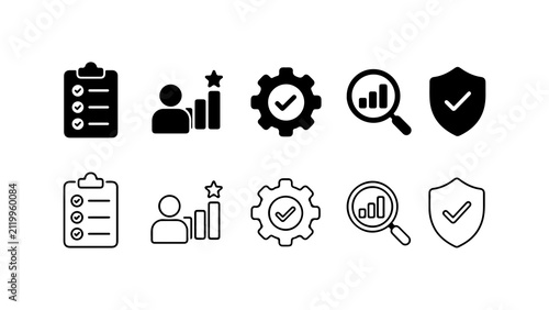 Business Performance Management Icons Set in Silhouette and Outline Style