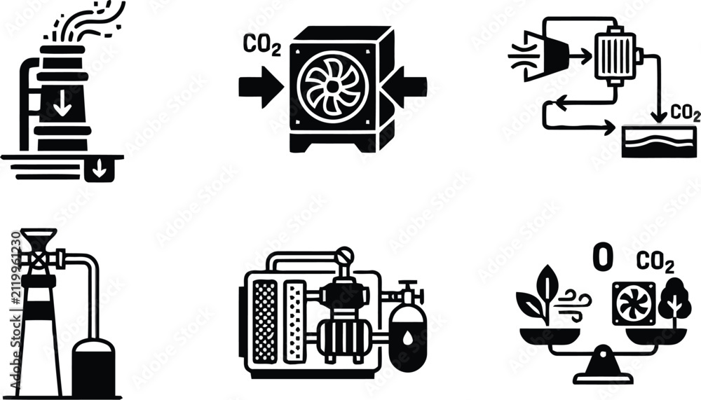 Fototapeta premium Carbon Dioxide Capture Process Diagram Black Silhouette flow industrial technology
