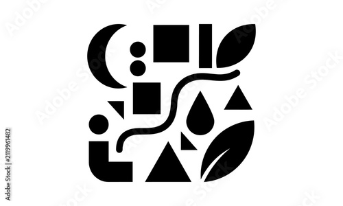 Abstract geometric composition with organic and celestial elements.