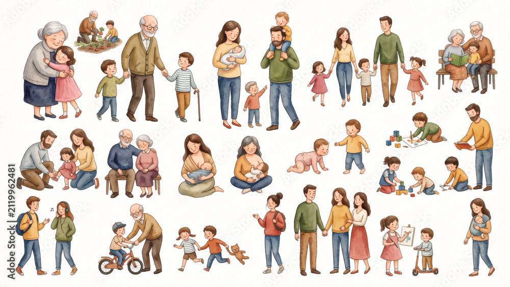 Fototapeta premium Multi-Generation Family Character Collection with Babies, Children, Parents, Seniors and Emotional Family Poses, Premium Storybook Watercolor Vector, Isolated White Background