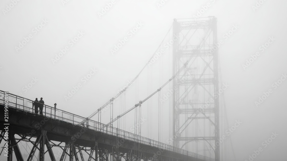 Naklejka premium Bridge silhouettes in dense fog