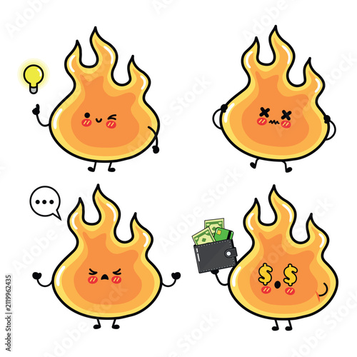 Cute flame character set with ideas anger and money