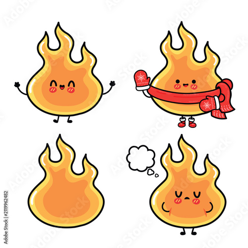 Cute flame character set with winter and sleepy emotions