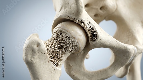 Closeup of a human hip joint showing the femoral head and acetabulum with visible trabecular bone structure