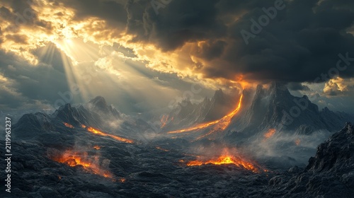 Summer storm clouds gather above a volcanic mountain with flowing lava and sunbeams