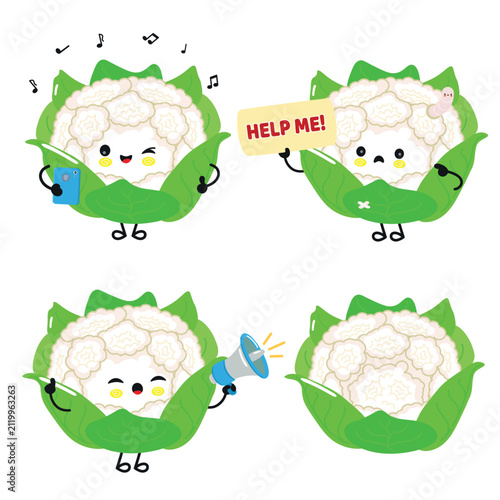 Cute cauliflower character set with help sign music and outline